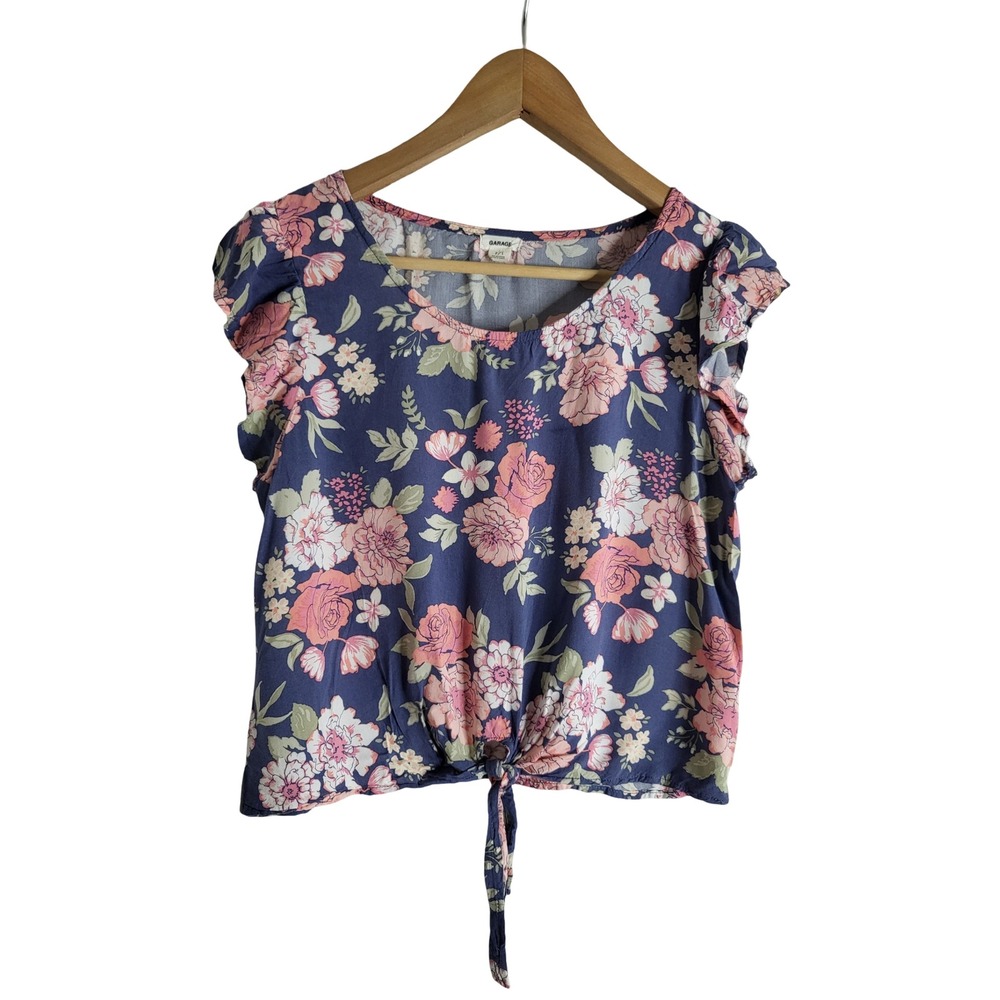 Garage Navy Floral Flutter Sleeve Tie Front Crop Top Blouse S Feminine Coquette